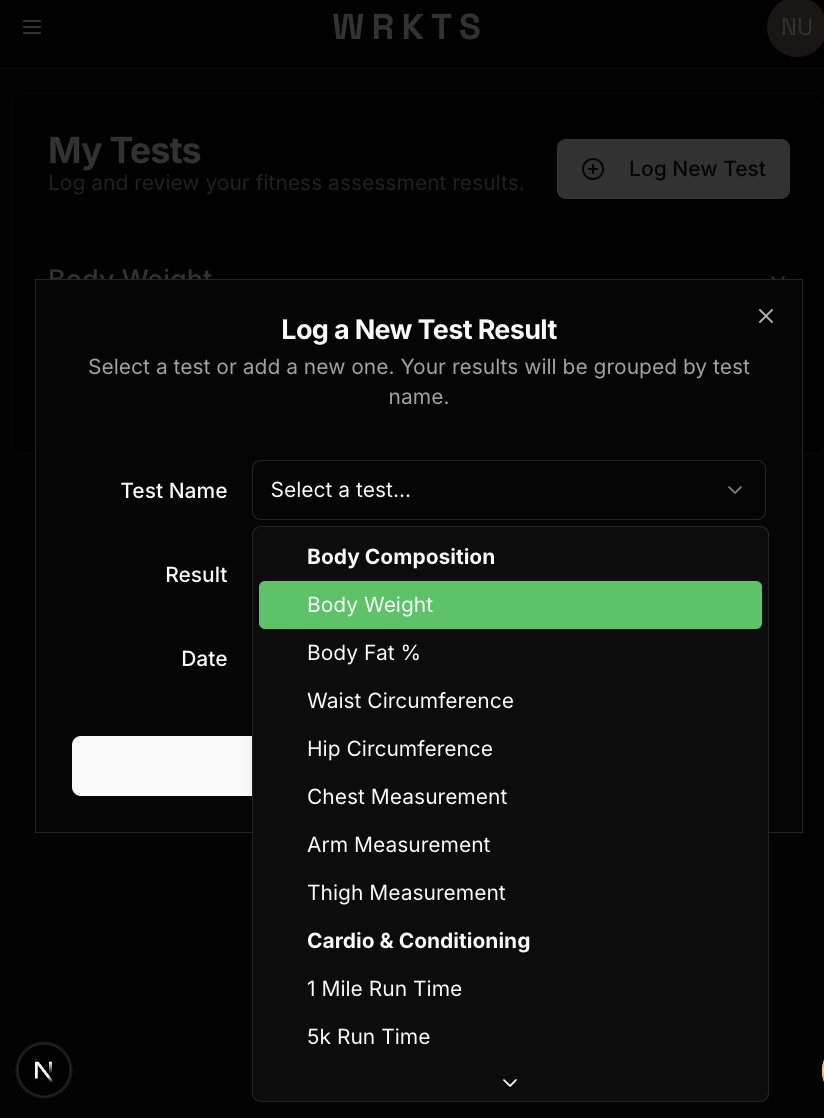Screenshot of the app's fitness testing page, showing a list of tests like '1RM Bench Press' and 'Body Weight'.